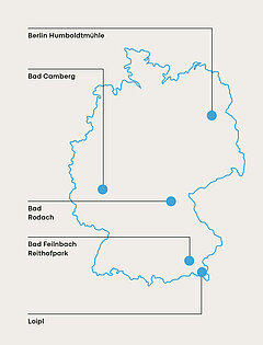 Zu sehen ist eine Deutschlandkarte mit den fünf Standorten für die neurologische Behandlung.
